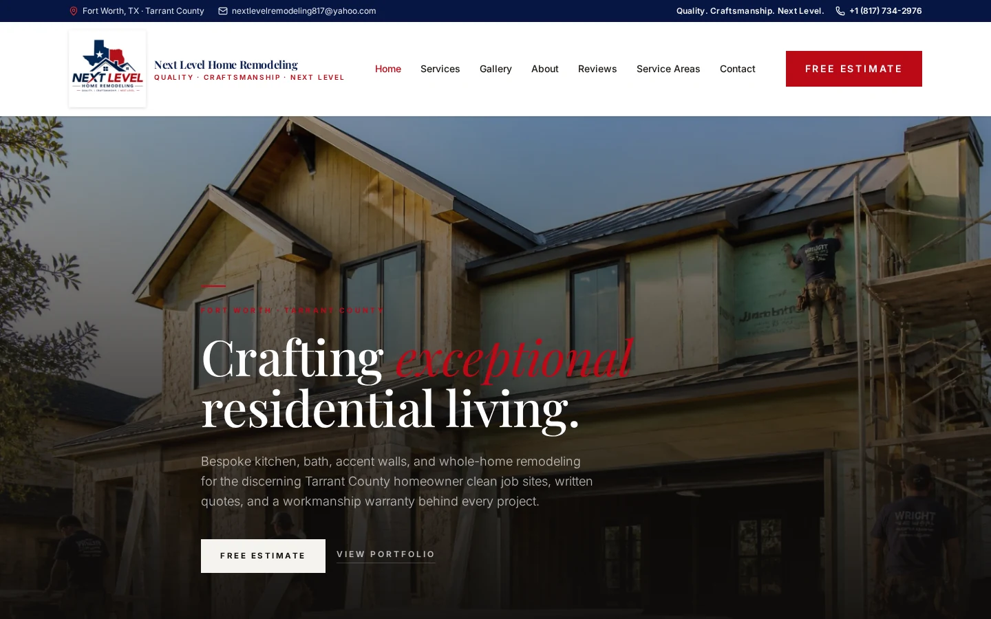 Next Level Home Remodeling website concept shown on a desktop screen