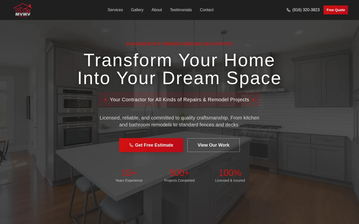 MVMV Remodeling website concept shown on a desktop screen
